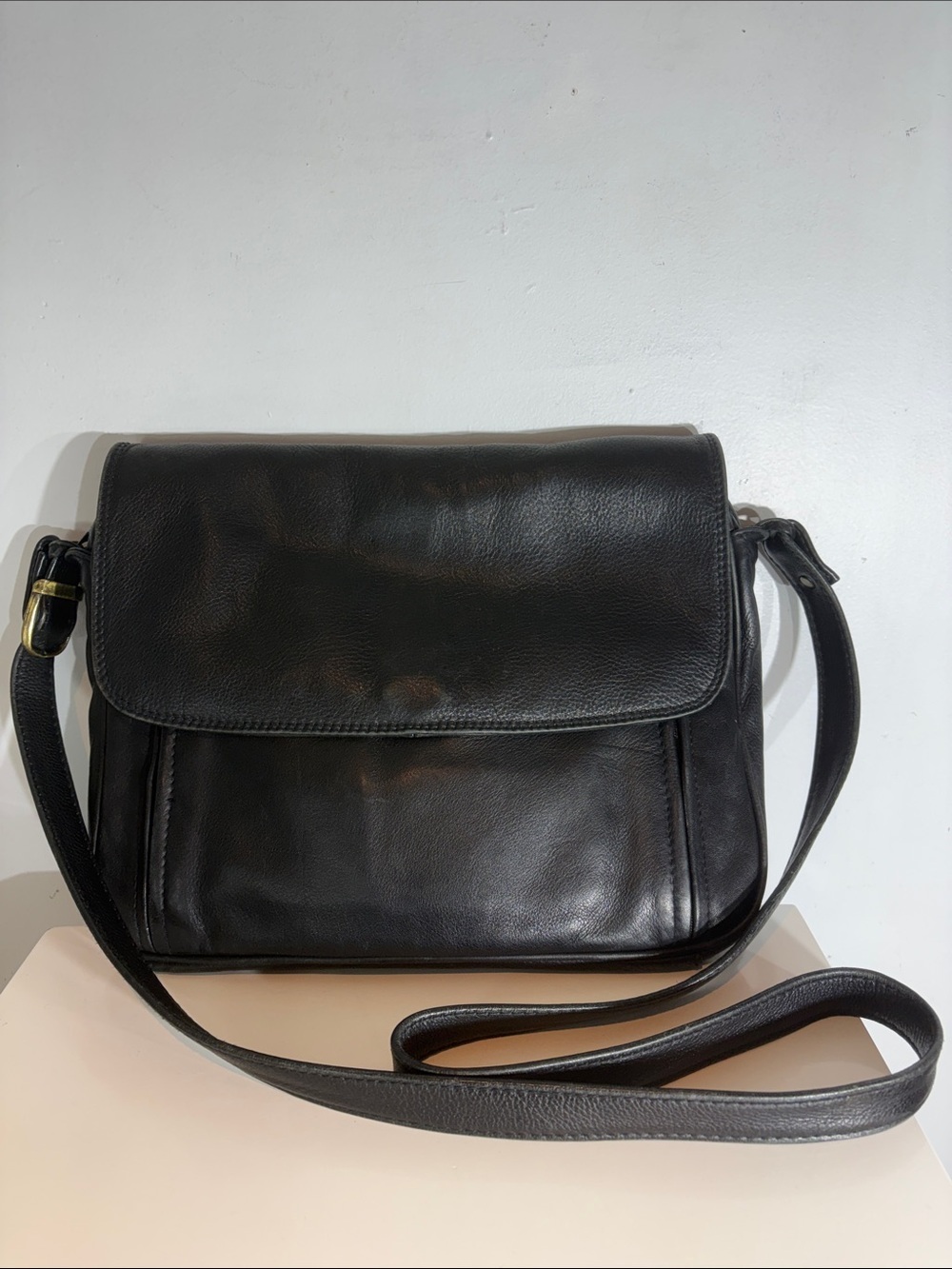 Vintage Derek Alexander Black Leather Crossbody Bag Flap Plaid Lined